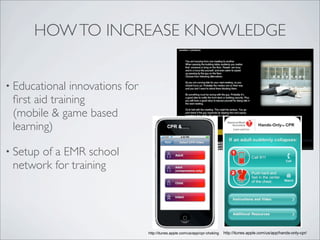 HOW TO INCREASE KNOWLEDGE


• Educational  innovations for
 ﬁrst aid training
 (mobile & game based
 learning)                                  CPR &




• Setup
      of a EMR school
 network for training




                                 http://itunes.apple.com/us/app/cpr-choking   http://itunes.apple.com/us/app/hands-only-cpr/
 