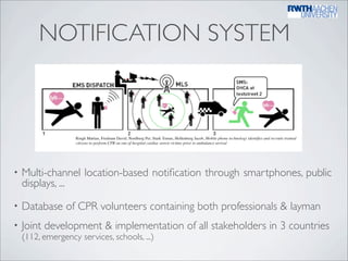 NOTIFICATION SYSTEM



                   Ringh Mattias, Fredman David, Nordberg Per, Stark Tomas, Hollenberg Jacob, Mobile phone technology identiﬁes and recruits trained
                   citizens to perform CPR on out-of-hospital cardiac arrest victims prior to ambulance arrival




•   Multi-channel location-based notiﬁcation through smartphones, public
    displays, ...
•   Database of CPR volunteers containing both professionals & layman
•   Joint development & implementation of all stakeholders in 3 countries
    (112, emergency services, schools, ...)
 