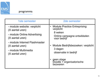 programma


        1ste semester                     2de semester
- module website: verplicht     • Module Practice Entreprising:
(X aantal uren)                   verplicht
                                   8 weken
- module Online Advertising
                                   Online campagne ontwikkelen
(X aantal uren)                    voor bedrijf
- module Internet Flashmaster
(X aantal uren)                 • Module Bedrijfsbezoeken: verplicht
                                   3 dagen
- module Multimedia
                                   observatie in bedrijf
(X aantal uren)

                                • geen stage
                                  Doodle + organisatorische
                                  bezwaren



                                                                       13
 