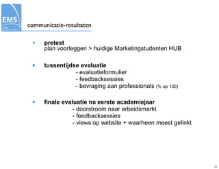 communicatie-resultaten

 •    pretest
      plan voorleggen > huidige Marketingstudenten HUB

 •    tussentijdse evaluatie
                 - evaluatieformulier
                 - feedbacksessies
                 - bevraging aan professionals (% op 100)

 •    finale evaluatie na eerste academiejaar
                 - doorstroom naar arbeidsmarkt
                 - feedbacksessies
                 - views op website + waarheen meest gelinkt




                                                               21
 