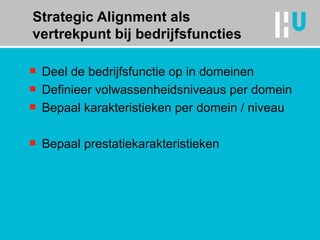 Deel de bedrijfsfunctie op in domeinen Definieer volwassenheidsniveaus per domein Bepaal karakteristieken per domein / niveau Bepaal prestatiekarakteristieken Strategic Alignment als vertrekpunt bij bedrijfsfuncties 