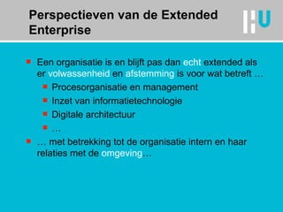 Een organisatie is en blijft pas dan  echt  extended  als er  volwassenheid  en  afstemming  is voor wat betreft … Procesorganisatie en management Inzet van informatietechnologie Digitale architectuur … …  met betrekking tot de organisatie intern en haar relaties met de  omgeving … Perspectieven van de Extended Enterprise 