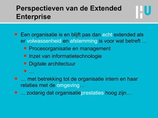Een organisatie is en blijft pas dan  echt  extended  als er  volwassenheid  en  afstemming  is voor wat betreft … Procesorganisatie en management Inzet van informatietechnologie Digitale architectuur … …  met betrekking tot de organisatie intern en haar relaties met de  omgeving … ... zodanig dat organisatie prestaties  hoog zijn… Perspectieven van de Extended Enterprise 