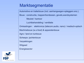 Marktsegmentatie  <ul><li>Automotive en trailerbouw (incl. aanhangwagen-opleggers enz.) </li></ul><ul><li>Bouw : construct...