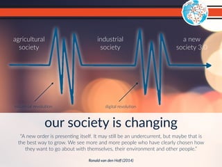 our society is changing 
“A new order is presen-ng itself. It may s-ll be an undercurrent, but maybe that is 
the best way to grow. We see more and more people who have clearly chosen how 
they want to go about with themselves, their environment and other people.” 
Ronald van den Hoff (2014) 
agricultural 
society 
industrial 
society 
a new 
society 3.0 
industrial revolu-on digital revolu-on 
 