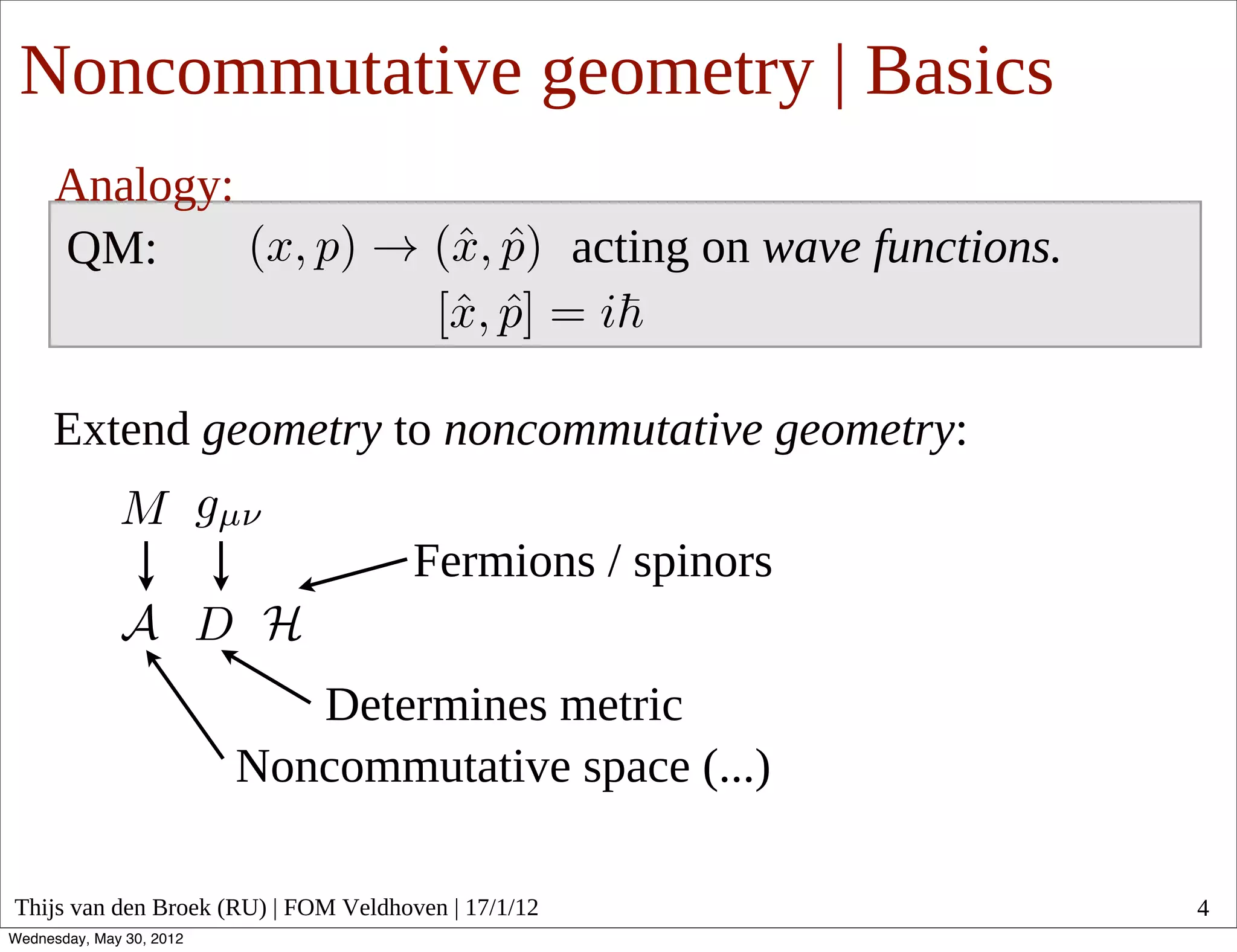 Noncommutative geometry | Basics
      Analogy:
      QM:                                            acting on wave functions.


     Extend geometry to noncommutative geometry:

                                      Fermions / spinors

                             Determines metric
                          Noncommutative space (...)

Thijs van den Broek (RU) | FOM Veldhoven | 17/1/12                               4
Wednesday, May 30, 2012
 