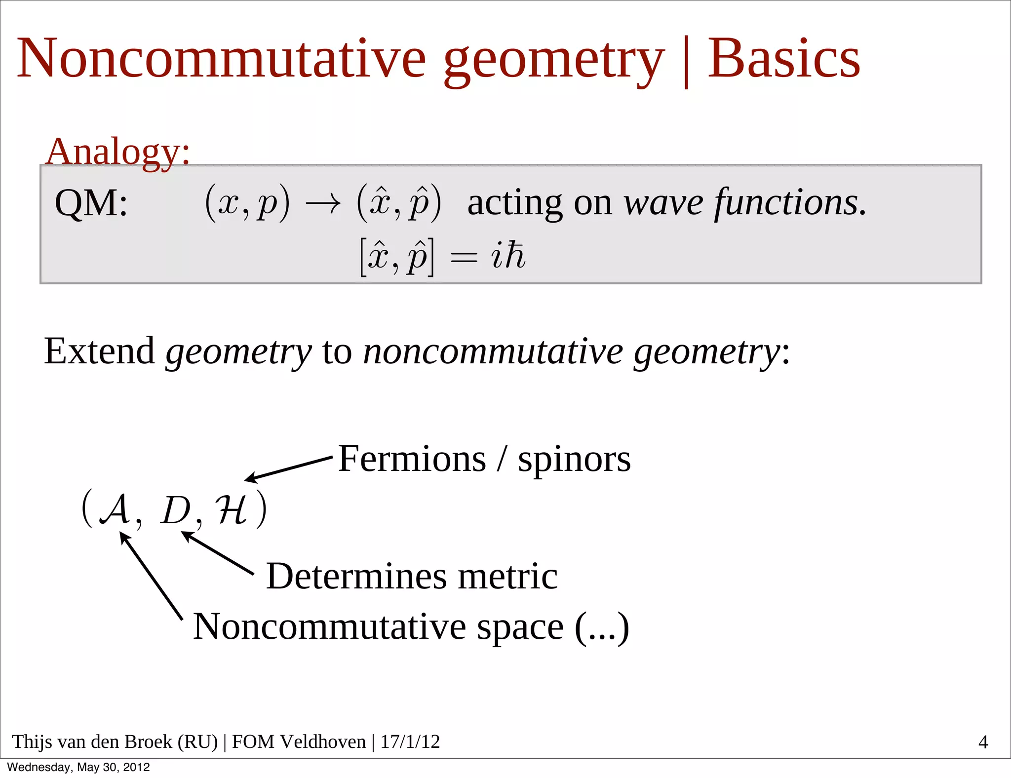 Noncommutative geometry | Basics
      Analogy:
      QM:                                            acting on wave functions.


     Extend geometry to noncommutative geometry:

                                      Fermions / spinors

                             Determines metric
                          Noncommutative space (...)

Thijs van den Broek (RU) | FOM Veldhoven | 17/1/12                               4
Wednesday, May 30, 2012
 