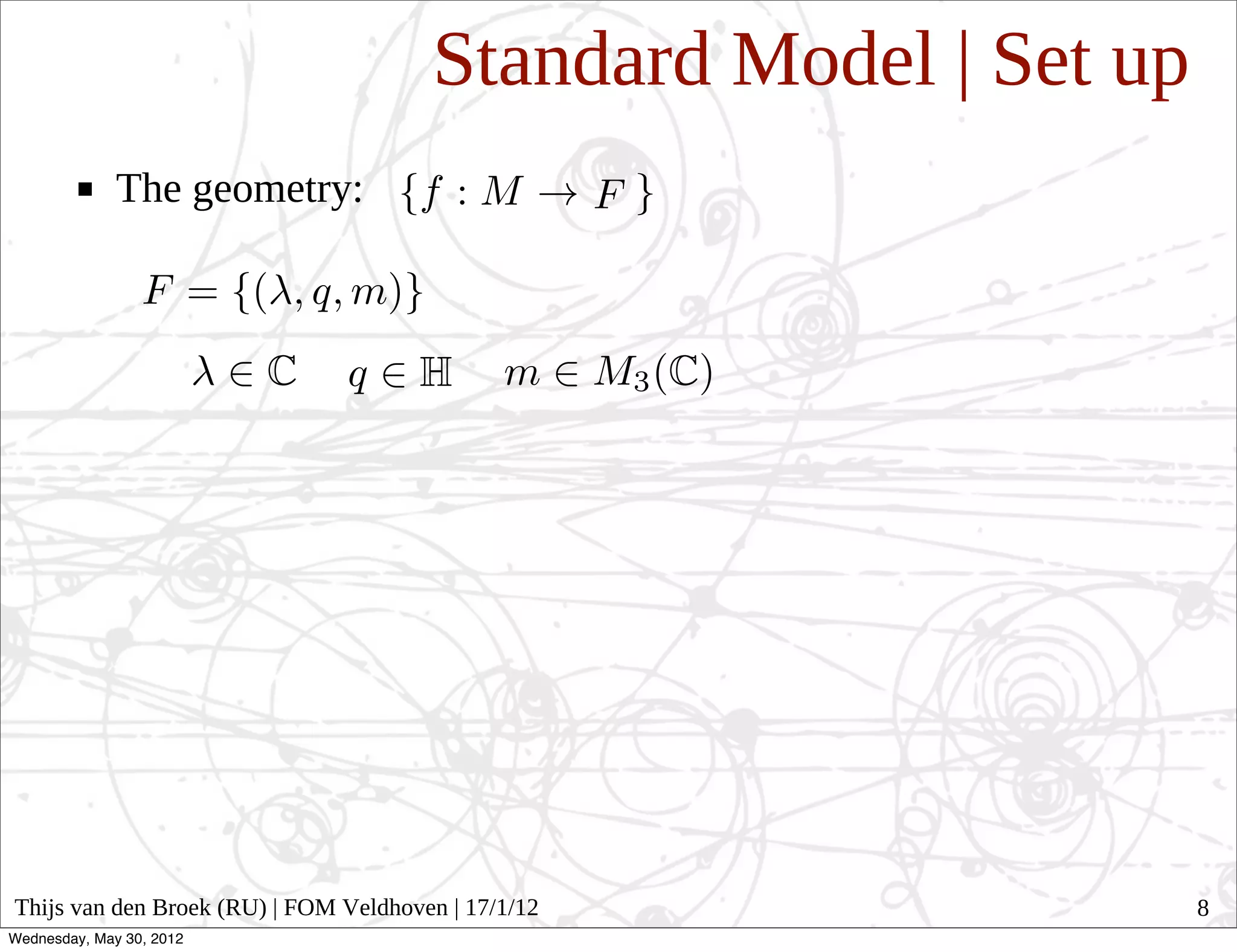 Standard Model | Set up
              The geometry:




Thijs van den Broek (RU) | FOM Veldhoven | 17/1/12               8
Wednesday, May 30, 2012
 