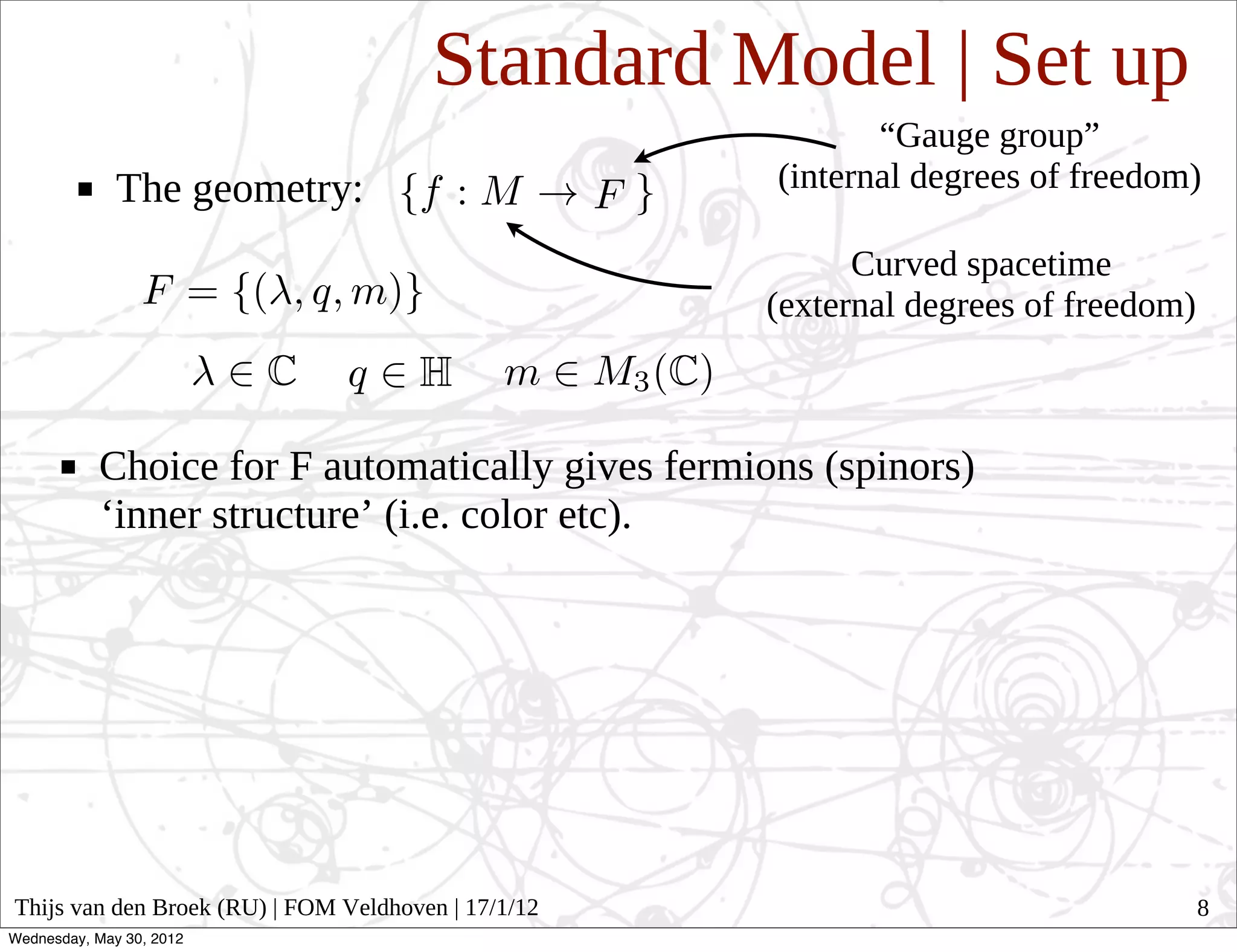 Standard Model | Set up
                                                            “Gauge group”
              The geometry:                          (internal degrees of freedom)

                                                           Curved spacetime
                                                     (external degrees of freedom)



           Choice for F automatically gives fermions (spinors)
           ‘inner structure’ (i.e. color etc).




Thijs van den Broek (RU) | FOM Veldhoven | 17/1/12                                   8
Wednesday, May 30, 2012
 