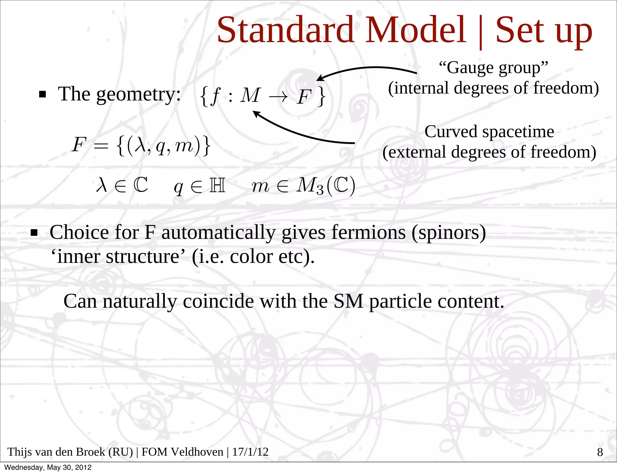 Standard Model | Set up
                                                            “Gauge group”
              The geometry:                          (internal degrees of freedom)

                                                           Curved spacetime
                                                     (external degrees of freedom)



           Choice for F automatically gives fermions (spinors)
           ‘inner structure’ (i.e. color etc).

               Can naturally coincide with the SM particle content.




Thijs van den Broek (RU) | FOM Veldhoven | 17/1/12                                   8
Wednesday, May 30, 2012
 