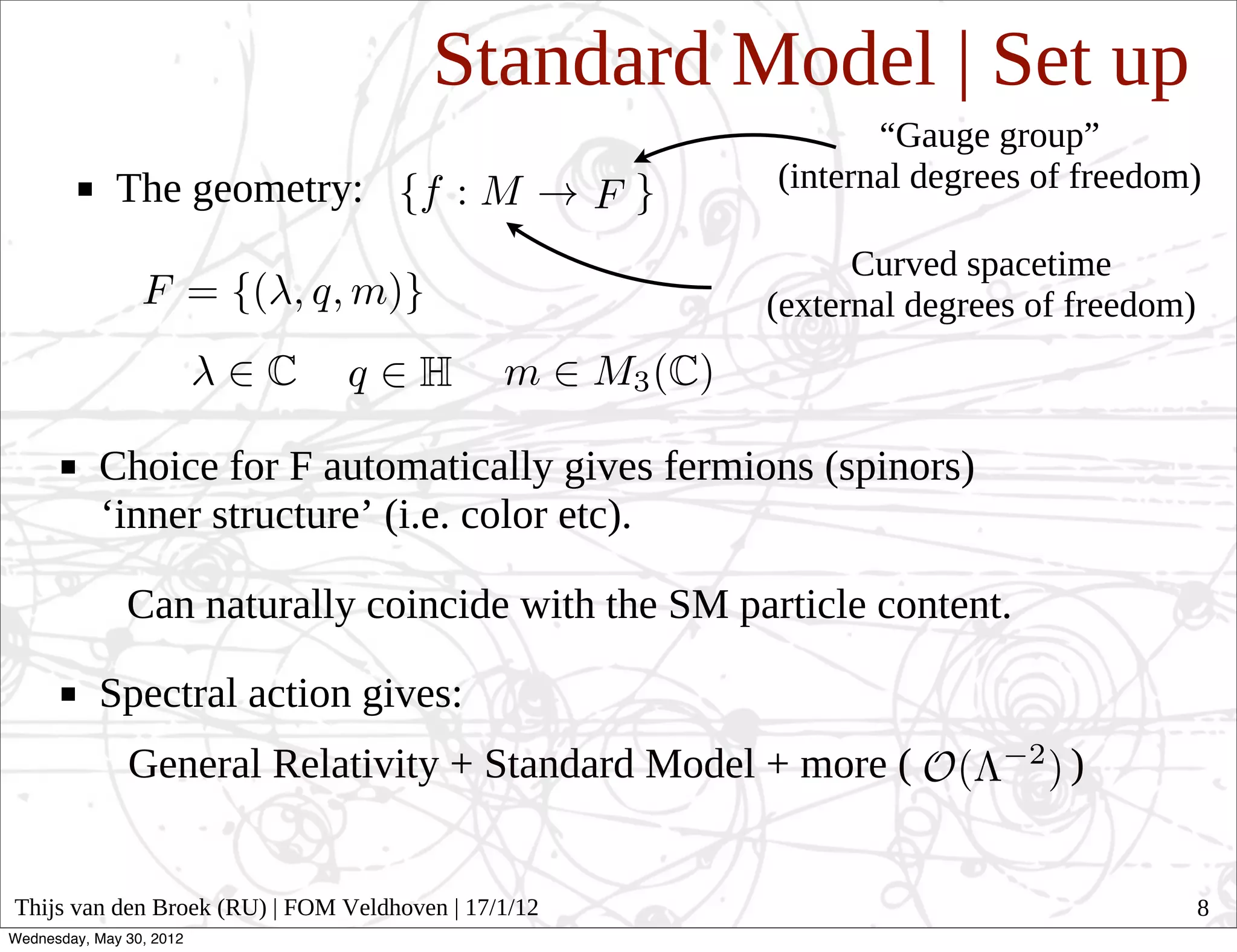Standard Model | Set up
                                                            “Gauge group”
              The geometry:                          (internal degrees of freedom)

                                                           Curved spacetime
                                                     (external degrees of freedom)



           Choice for F automatically gives fermions (spinors)
           ‘inner structure’ (i.e. color etc).

               Can naturally coincide with the SM particle content.

           Spectral action gives:
               General Relativity + Standard Model + more (              )


Thijs van den Broek (RU) | FOM Veldhoven | 17/1/12                                   8
Wednesday, May 30, 2012
 