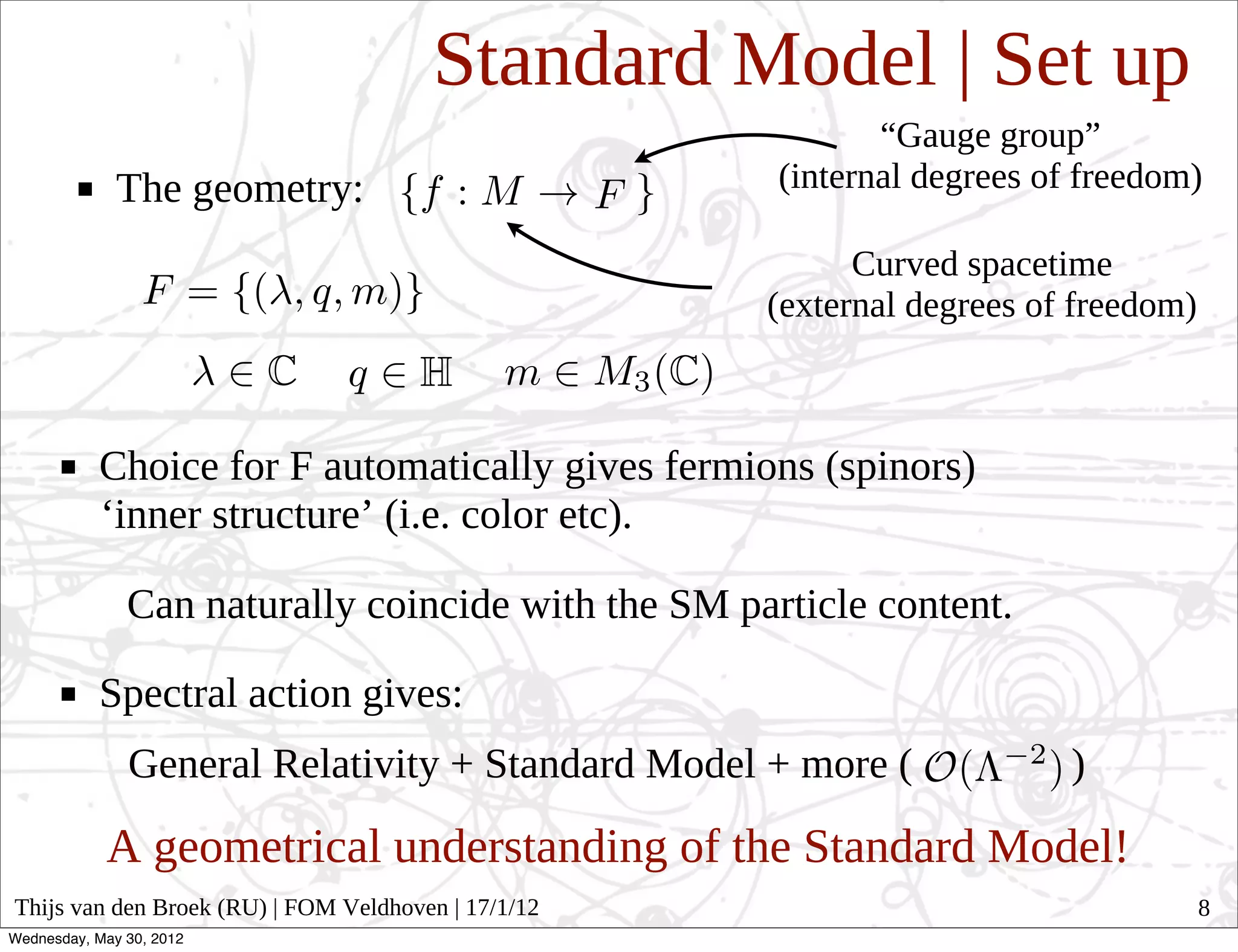 Standard Model | Set up
                                                            “Gauge group”
              The geometry:                          (internal degrees of freedom)

                                                           Curved spacetime
                                                     (external degrees of freedom)



           Choice for F automatically gives fermions (spinors)
           ‘inner structure’ (i.e. color etc).

               Can naturally coincide with the SM particle content.

           Spectral action gives:
               General Relativity + Standard Model + more (              )

            A geometrical understanding of the Standard Model!
Thijs van den Broek (RU) | FOM Veldhoven | 17/1/12                                   8
Wednesday, May 30, 2012
 