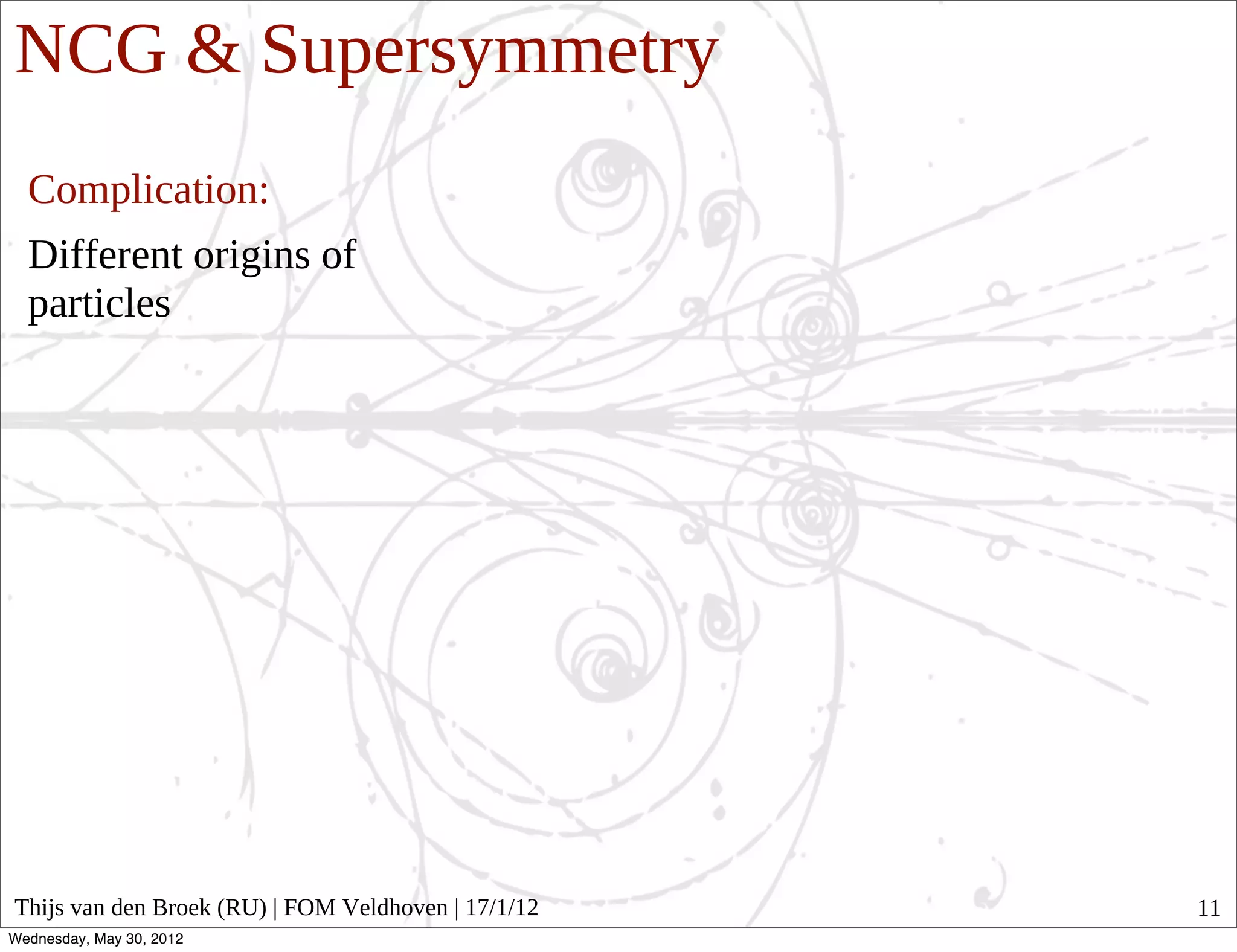 NCG & Supersymmetry
  Complication:
  Different origins of
  particles




Thijs van den Broek (RU) | FOM Veldhoven | 17/1/12   11
Wednesday, May 30, 2012
 