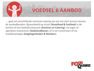 Categoriën
…. gaat om verschillende manieren waarop we aan ons eten kunnen komen,
de aanbodkanalen. Bijvoorbeeld op straat (Streetfood & Fastfood) in de
kantine of een bedrijfsrestaurant (Kantines en Catering); via eigen of
openbare moestuinen (Stadslandbouw); of in een lunchroom of via
marktkraampjes (Eetgelegenheden & Markten).
 