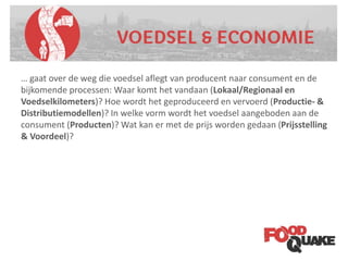 Categoriën
… gaat over de weg die voedsel aflegt van producent naar consument en de
bijkomende processen: Waar komt het vandaan (Lokaal/Regionaal en
Voedselkilometers)? Hoe wordt het geproduceerd en vervoerd (Productie- &
Distributiemodellen)? In welke vorm wordt het voedsel aangeboden aan de
consument (Producten)? Wat kan er met de prijs worden gedaan (Prijsstelling
& Voordeel)?
 