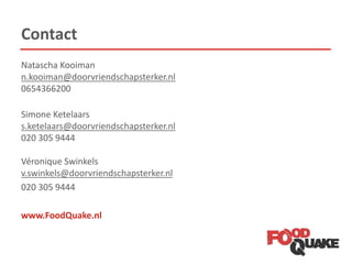 Contact
Natascha Kooiman
n.kooiman@doorvriendschapsterker.nl
0654366200
Simone Ketelaars
s.ketelaars@doorvriendschapsterker.nl
020 305 9444
Véronique Swinkels
v.swinkels@doorvriendschapsterker.nl
020 305 9444
www.FoodQuake.nl
 