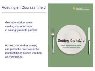 Voeding en Duurzaamheid
Gezonde en duurzame
voedingspatronen lopen
in belangrijke mate parallel
Advies over verduurzaming
van productie en consumptie
met Richtlijnen Goede Voeding
als vertrekpunt
 