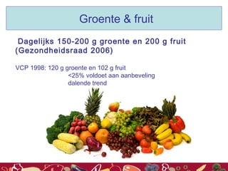 Dagelijks 150-200 g groente en 200 g fruit
(Gezondheidsraad 2006)
VCP 1998: 120 g groente en 102 g fruit
<25% voldoet aan aanbeveling
dalende trend
Groente & fruit
 