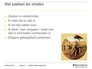 Het zoekenénvindenZoeken is vaktechniekIkweetdateriets isIkwilietsweten over...Ikdenk / benvergeten / weetnietdaterinformatievoorhanden isDieperegelaagdheidaanborenVVBAD Praktijkmiddag GentPagina 1118 februari 2011