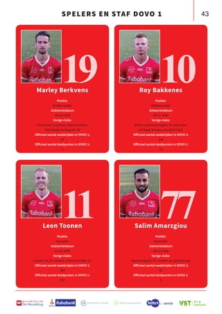 43
B U S I N E S S C L U B
De Heuvelrug
Marley Berkvens
Positie:
Middenvelder
Geboortedatum
08-10-1992
Vorige clubs:
Feyenoord, Excelsior, Alphense Boys,
NAC Breda en Magreb ’90
Officieel aantal wedstrijden in DOVO 1:
63
Officieel aantal doelpunten in DOVO 1:
3
19 Roy Bakkenes
Positie:
Middenvelder
Geboortedatum
08-11-1990
Vorige clubs:
KVVA, IJsselmeervogels, FC Volendam
en Royal Antwerp Football Club
Officieel aantal wedstrijden in DOVO 1:
134
Officieel aantal doelpunten in DOVO 1:
19
Salim Amarzgiou
Positie:
Aanvaller
Geboortedatum
26-05-1986
Vorige clubs:
Sparta Nijkerk, FC Lienden en Spakenburg
Officieel aantal wedstrijden in DOVO 1:
32
Officieel aantal doelpunten in DOVO 1:
6
Leon Toonen
Positie:
Aanvaller
Geboortedatum
21-09-1985
Vorige clubs:
Candia ’66, FC Utrecht, Vitesse en DVS ‘33
Officieel aantal wedstrijden in DOVO 1:
284
Officieel aantal doelpunten in DOVO 1:
103
11
10
77
SPELERS EN STAF DOVO 1
 
