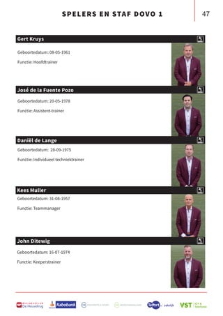 47
B U S I N E S S C L U B
De Heuvelrug
SPELERS EN STAF DOVO 1
Geboortedatum: 16-07-1974
Functie: Keeperstrainer
Geboortedatum: 08-05-1961
Functie: Hoofdtrainer
John Ditewig
Gert Kruys
Geboortedatum: 31-08-1957
Functie: Teammanager
Kees Muller
Geboortedatum: 20-05-1978
Functie: Assistent-trainer
José de la Fuente Pozo
Geboortedatum: 28-09-1975
Functie: Individueel techniektrainer
Daniël de Lange
 