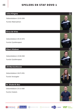 48
B U S I N E S S C L U B
De Heuvelrug
Geboortedatum: 23-12-1980
Functie: Clubarts
Geboortedatum: 15-03-1995
Functie: Materiaalman
Dr. Diederik Bos
Jules Kingma
Geboortedatum: 28-07-1991
Functie: Verzorgster
Jill Warmenhoven
Geboortedatum: 09-10-1972
Functie: Fysiotherapeut
Dirco de Vries
Geboortedatum: 23-08-1983
Functie: Fysiotherapeut
Elbert Nieboer
SPELERS EN STAF DOVO 1
 