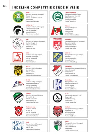 68
B U S I N E S S C L U B
De Heuvelrug
INDELING COMPETITIE DERDE DIVISIE
ASWH
Sportpark Schildman (kunstgras)
Reeweg 75a
3342 AA Hendrik-Ido-Ambacht
www.aswh.nl
Trainer: Cesco Agterberg
Jong FC Groningen
Sportpark Corpus den Hoorn
Laan Corpus den Hoorn 102
9728 JR Groningen
www.fcgroningen.nl
Trainer: Alfons Arts
Achilles ‘29
Sportpark De Heikant (kunstgras)
Cranenburgsestraat 33A
6561 AM Groesbeek
www.achillles29.nl
Trainer: Johan van Osch
FC Lisse
Sportpark Ter Specke
Spekkelaan 1
2161 GH Lisse
www.fclisse.nl
Trainer: Robbert de Ruiter
Ajax
Sportpark De Toekomst (kunstgras)
Borchlandweg 16-18
1099 CT Amsterdam
www.ajax.nl
Trainer: Yuri Rose
Noordwijk
Sportpark Duinwetering (kunstgras)
Duinwetering 105
2203 HM Noordwijk
www.vvnoordwijk.nl
Trainer: Kees Zethof
DOVO
Sportpark Panhuis (kunstgras)
Verlengde Sportlaan 5
3905 AE Veenendaal
www.dovo.nl
Trainer: Gert Kruys
ODIN ‘59
Sportpark Assumburg (kunstgras)
Hoflaan 1
1967 NE Heemskerk
www.odin59.nl
Trainer: Richard Plug
DVS ‘33
Sportpark DVS ’33 (kunstgras)
Sportlaan 25
3851 CA Ermelo
www.dvs33.nl
Trainer: Bert van Hunenstijn
ONS Sneek
Sportpark Zuidersportpark (kunstgras)
Alexanderstraat 2
8606 VP Sneek
www.onssneek.nl
Trainer: Paul Raveneau
De Dijk
Sportpark De Dijk (kunstgras)
Schellingwouderdijk 220
1023 NL Amsterdam
www.dedijkamsterdam.nl
Trainer: Kees Oostermeijer
Quick Boys
Sportpark Nieuw Zuid
Laan van Nieuw Zuid 25
2225 SE Katwijk
www.quickboys.nl
Trainer: Erik Assink
Eemdijk
Sportpark De Vinken (kunstgras)
De Kronkels 12
3752 LM Bunschoten
www.vveemdijk.nl
Trainer: Hans van Arum
S.J.C.
Gemeentelijk Sportpark S.J.C.
Langeweg 6
2201 TV Noordwijk
www.vvsjc.nl
Trainer: Sjaak Polak
Harkemase Boys
Sportpark De Bosk
De Bosk 20
9281 NR Harkema
www.harkemaseboys.nl
Trainer: Tieme Klompe
SteDoCo
Sportpark Groeneweg (kunstgras)
Groeneweg 59
4223 MG Hoornaar
www.stedoco.nl
Trainer: Gijs Zwaan
Hoek
Sportpark Denoek (kunstgras)
Lovenpolderstraat 2A
4542 NS Hoek
Trainer: Dennis de Nooijer
VVOG
Sportpark De Strokel (kunstgras)
Strokelweg 11
3847 LR Harderwijk
www.vvog.nl
Trainer: Hennie in ‘t Hof
 