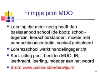 Filmpje pilot MDO







Leerling die meer nodig heeft dan
basisaanbod school (de boot): schooltegenzin, leerachterstanden, moeite met
aandacht/concentratie, sociaal geïsoleerd
Lorentzschool werkt handelingsgericht
Kort: uitleg pool, beelden MDO, IB,
leerkracht, leerling, moeder aan het woord
Bron: www.passendonderwijs.nl

12

 