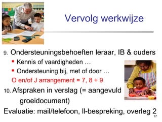 Vervolg werkwijze
9.

Ondersteuningsbehoeften leraar, IB & ouders
Kennis of vaardigheden …
 Ondersteuning bij, met of door …
O en/of J arrangement = 7, 8 + 9


10. Afspraken

in verslag (= aangevuld
groeidocument)
Evaluatie: mail/telefoon, ll-bespreking, overleg 2

17

 