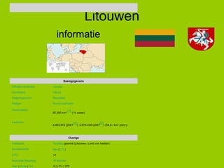 Litouwen informatie . lt  | LTU | 370 Web  |  Code  |  Tel. 16 februari Nationale feestdag : +2 UTC : litas  ( LTL ) Munteenheid : Tautiška   giesmė  (Litouwen, Land van helden) Volkslied : Overige 3.483.972 (2001 [2] ), 3.575.439 (2007 [3] ) (54,8 / km²  (2007) ) Inwoners : 65.300 km²  [1]  (-% water) Oppervlakte : Rooms-katholiek Religie : Republiek Regeringsvorm : Vilnius Hoofdstad : Litouws Officiële landstaal : Basisgegevens                                                                                                                                                                            