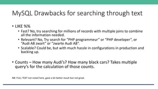 MySQL Drawbacks for searching through text
• LIKE %%
• Fast? No, try searching for millions of records with multiple joins to combine
all the information needed.
• Relevant? No, Try search for “PHP programmeur” or “PHP developer”, or
“Audi A8 zwart” or “zwarte Audi A8“.
• Scalable? Could be, but with much hassle in configurations in production and
backing up.
• Counts – How many Audi’s? How many black cars? Takes multiple
query’s for the calculation of those counts.
NB: FULL TEXT not noted here, gave a bit better result but not great.
 