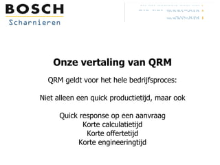 Onze vertaling van QRM QRM geldt voor het hele bedrijfsproces: Niet alleen een quick productietijd, maar ook Quick response op een aanvraag Korte calculatietijd Korte offertetijd Korte engineeringtijd 