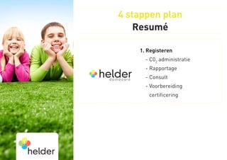 4 stappen plan
    Resumé

    1. Registeren
      - C02 administratie
      - Rapportage
      - Consult
      -  oorbereiding 
        V
        certificering
 