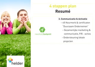 4 stappen plan
    Resumé
    3.  ommunicatie  Activatie
       C
      -  |f Keurmerk  certificaten
        n
        “Duurzaam Ondernemen”
        -  ezamenlijke marketing  
          G
          communicatie, P.R. –acties
          -  ndersteuning lokale 
            O
         projecten
 