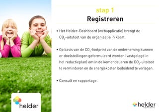 stap 1
                  Registreren
• et Helder-Dashboard (webapplicatie) brengt de 
  H
 CO2-uitstoot van de organisatie in kaart.  


• Op basis van de CO2-footprint van de onderneming kunnen
  
 er doelstellingen geformuleerd worden (vastgelegd in
 het reductieplan) om in de komende jaren de CO2-uitstoot
 te verminderen en de energiekosten beduidend te verlagen.


• Consult en rapportage.
 