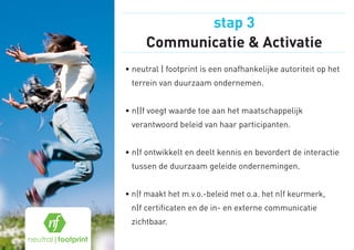 stap 3
      Communicatie  Activatie
•  eutral | footprint is een onafhankelijke autoriteit op het
  n
 terrein van duurzaam ondernemen.


•  ||f voegt waarde toe aan het maatschappelijk
  n
 verantwoord beleid van haar participanten.


•  |f ontwikkelt en deelt kennis en bevordert de interactie
  n
 tussen de duurzaam geleide ondernemingen.


•  |f maakt het m.v.o.-beleid met o.a. het n|f keurmerk, 
  n
 n|f certificaten en de in- en externe communicatie
 zichtbaar.
 