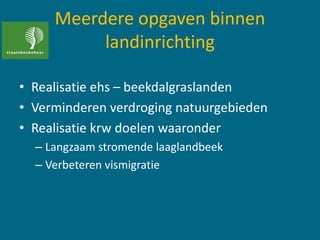 Meerdere opgaven binnen
landinrichting
• Realisatie ehs – beekdalgraslanden
• Verminderen verdroging natuurgebieden
• Realisatie krw doelen waaronder
– Langzaam stromende laaglandbeek
– Verbeteren vismigratie
 