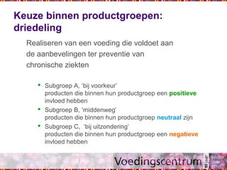 Keuze binnen productgroepen:
driedeling
Realiseren van een voeding die voldoet aan
de aanbevelingen ter preventie van
chronische ziekten
 Subgroep A, ‘bij voorkeur’
producten die binnen hun productgroep een positieve
invloed hebben
 Subgroep B, ‘middenweg’
producten die binnen hun productgroep neutraal zijn
 Subgroep C, ‘bij uitzondering’
producten die binnen hun productgroep een negatieve
invloed hebben
 