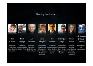 Board of inspiration
FreekFreekFreekFreek
de jongede jongede jongede jonge
Cabaretier,
Hoofdrolspeler
Lost in Time
HedyHedyHedyHedy
d’anconad’anconad’anconad’ancona
Voorzitter
Federation
Dutch Creative
Industries
AdAdAdAd
VanVanVanVan liemptliemptliemptliempt
Journalist,
TV maker,
Bedenker van
‘Andere Tijden’
AlmaAlmaAlmaAlma
SchaafstalSchaafstalSchaafstalSchaafstal
Hoofddocent
Hogeschool
Windesheim,
Voorm. directeur
Taskforce
Innovatie
RobRobRobRob
HermansHermansHermansHermans
Incubation
Manager Dutch
Game Garden,
Financieel
expert
WillemJanWillemJanWillemJanWillemJan
RengerRengerRengerRenger
Programma-
leider Applied
Game Design
Hogeschool vd
Kunsten
RiemerRiemerRiemerRiemer
KnoopKnoopKnoopKnoop
Cultureel
adviseur
Lector Cultural
Heritage
Reinwardt
Academie
Rob MommerRob MommerRob MommerRob Mommer
& Dennis& Dennis& Dennis& Dennis
KnetemanKnetemanKnetemanKneteman
Marketeers,
EPIC
Amsterdam
 