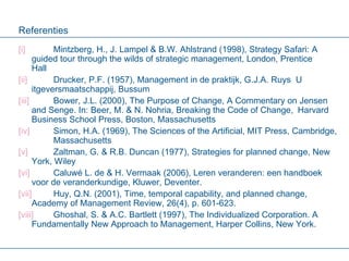 Referenties [i] Mintzberg, H., J. Lampel & B.W. Ahlstrand (1998), Strategy Safari: A  guided tour through the wilds of strategic management, London, Prentice  Hall [ ii ] Drucker, P.F. (1957), Management in de praktijk, G.J.A. Ruys  U itgeversmaatschappij, Bussum [ iii ] Bower, J.L. (2000), The Purpose of Change, A Commentary on Jensen  and Senge. In: Beer, M. & N. Nohria, Breaking the Code of Change,  Harvard Business School Press, Boston, Massachusetts [ iv ]   Simon, H.A. (1969), The Sciences of the Artificial, MIT Press, Cambridge,  Massachusetts [v]   Zaltman, G. & R.B. Duncan (1977), Strategies for planned change, New  York, Wiley [ vi ] Caluwé L. de & H. Vermaak (2006), Leren veranderen: een handboek  voor de veranderkundige, Kluwer, Deventer. [ vii ] Huy, Q.N. (2001), Time, temporal capability, and planned change,  Academy of Management Review, 26(4), p. 601-623. [ viii ] Ghoshal, S. & A.C. Bartlett (1997), The Individualized Corporation. A  Fundamentally New Approach to Management, Harper Collins, New York. 