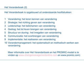 Het Veranderboek (2) Het Veranderboek is opgebouwd uit onderstaande hoofdstukken: 1 Verandering: het leren kennen van verandering 2 Strategie: het richting geven aan verandering 3 Leiderschap: het belichamen van verandering 4 Gedrag: het tot leven brengen van verandering 5 Structuur en sturing: :het inregelen van verandering 6 Communicatie: het overbrengen van verandering Implementatie: het realiseren van verandering Verandermanagement: het systematisch en methodisch werken aan verandering Meer informatie over Het Veranderboek en het PROMIIC-model is te vinden op  www.changemanagementonline.com  en www.promiic.com) 