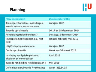 Planning
Flow bijeenkomst 25 november 2014
Teambijeenkomsten – opleidingen,
kenniscentrum, ondersteuners
Voorjaar 2015
Tweede opruimactie 16,17 en 18 december 2014
Rondleiding Heidelberglaan 7 Dinsdag 16 december 2014
In gesprek met studenten o.a. met
GOC
Januari, februari, mei 2015
Uitgifte laptop en telefoon Voorjaar 2015
Derde opruimactie Week van 30 maart 2015
Inrichting van fysieke plek met
aftelklok en meterbakken
April 2015
Tweede rondleiding Heidelberglaan 7 Mei 2015
Definitieve opruimactie / verhuizing Week (33),34,35
 