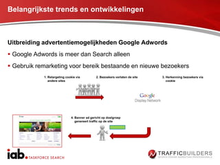 Belangrijkste trends en ontwikkelingen



Uitbreiding advertentiemogelijkheden Google Adwords
 Google Adwords is meer dan Search alleen
 Gebruik remarketing voor bereik bestaande en nieuwe bezoekers
            1. Retargeting cookie via         2. Bezoekers verlaten de site   3. Herkenning bezoekers via
               andere sites                                                      cookie




                              4. Banner ad gericht op doelgroep
                                 genereert traffic op de site
 