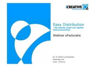 Easy Distribution
“ Het hybride model voor digitale
factuurverwerking”


Webinar eFacturatie




Drs. M. (Martin) van Esschoten
Donderdag 2 juli
13.00 – 14.00 uur
 