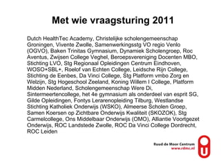 Met wie vraagsturing 2011 Dutch HealthTec Academy, Christelijke scholengemeenschap Groningen, Vivente Zwolle, Samenwerkingsstg VO regio Venlo (OGVO), Baken Trinitas Gymnasium, Dynamiek Scholengroep, Roc Aventus, Zwijsen College Veghel, Beroepsvereniging Docenten MBO, Stichting LVO, Stg Regionaal Opleidingen Centrum Eindhoven, WOSO+SBL+, Roelof van Echten College, Leidsche Rijn College, Stichting de Eenbes, Da Vinci College, Stg Platform vmbo Zorg en Welzijn, Stg Hogeschool Zeeland, Koning Willem I College, Platform Midden Nederland, Scholengemeenschap Were Di, Sintermeertencollege, het 4e gymnasium als onderdeel van esprit SG, Gilde Opleidingen, Fontys Lerarenopleiding Tilburg, Westlandse Stichting Katholiek Onderwijs (WSKO), Almeerse Scholen Groep, Samen Koersen op Zichtbare Onderwijs Kwaliteit (SKOZOK), Stg Carmelcollege, Ons Middelbaar Onderwijs (OMO), Alliantie Voortgezet Onderwijs, ROC Landstede Zwolle, ROC Da Vinci College Dordrecht, ROC Leiden 