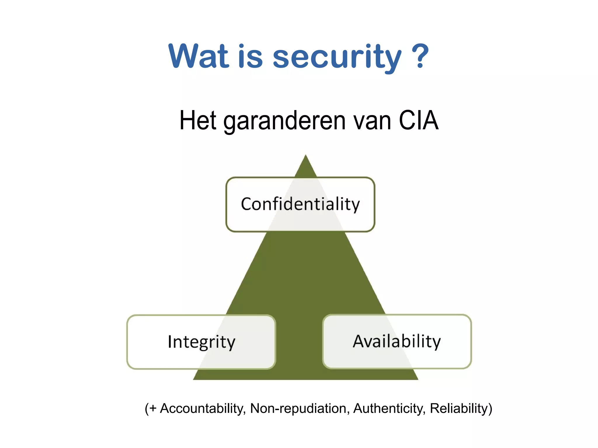 Wat is security ?
Het garanderen van CIA
(+ Accountability, Non-repudiation, Authenticity, Reliability)
 