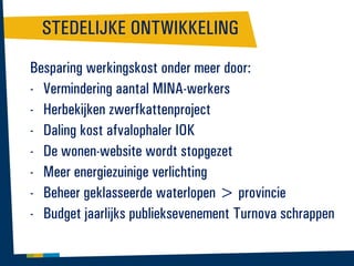 STEDELIJKE ONTWIKKELING
Besparing werkingskost onder meer door:
- Vermindering aantal MINA-werkers
- Herbekijken zwerfkattenproject
- Daling kost afvalophaler IOK
- De wonen-website wordt stopgezet
- Meer energiezuinige verlichting
- Beheer geklasseerde waterlopen > provincie
- Budget jaarlijks publieksevenement Turnova schrappen

 