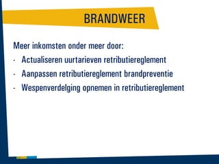 BRANDWEER
Meer inkomsten onder meer door:
- Actualiseren uurtarieven retributiereglement
- Aanpassen retributiereglement brandpreventie
- Wespenverdelging opnemen in retributiereglement

 