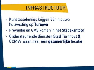 INFRASTRUCTUUR
- Kunstacademies krijgen één nieuwe
huisvesting op Turnova
- Preventie en GAS komen in het Stadskantoor
- Ondersteunende diensten Stad Turnhout &
OCMW gaan naar één gezamenlijke locatie

 