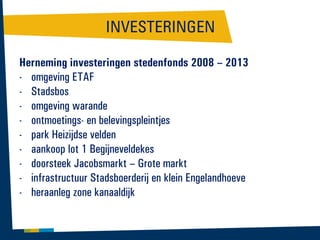 INVESTERINGEN
Herneming investeringen stedenfonds 2008 – 2013
- omgeving ETAF
- Stadsbos
- omgeving warande
- ontmoetings- en belevingspleintjes
- park Heizijdse velden
- aankoop lot 1 Begijneveldekes
- doorsteek Jacobsmarkt – Grote markt
- infrastructuur Stadsboerderij en klein Engelandhoeve
- heraanleg zone kanaaldijk

 